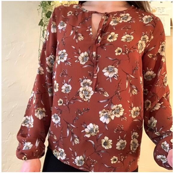 Lucky Brand Floral Peasant Top Womens Small Rust Brown Boho Long Sleeve Blouse - Picture 2 of 9